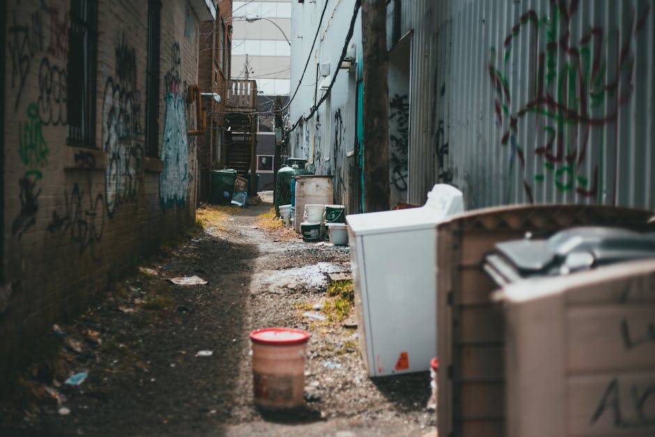 A narrow urban street scene showing a row of black wheelie bins lined along the pavement outside brick terraced houses. The bins are made of plastic, with some lids closed and others partially open, a